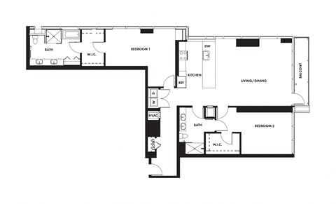 Floor plan for 2 beds, 2 baths, 1745 sqft